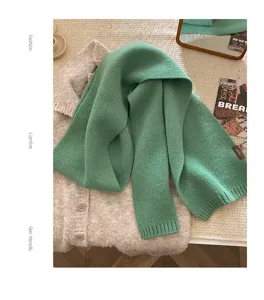 Green knitted wool scarf for women winter warm cozy solid color stylish chic neck warmer