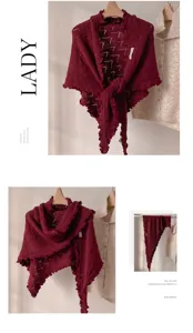 Chal triangular de punto con borde ondulado retro elegante para mujer otoño invierno poncho cálido