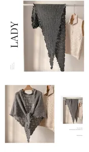 Chal triangular de punto para mujer retro borde ondulado otoño invierno mezcla lana liso