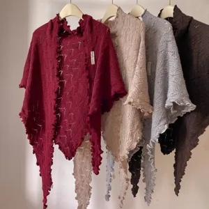 Chal Triangular de Punto para Mujer Borde Ondulado Mezcla de Lana Color Sólido Vintage Elegante Invierno Cálido Bufanda
