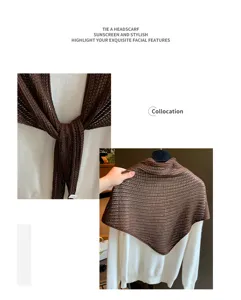 Detailed view of solid color knitted wool triangular scarf, stylish hollow out shawl for women.