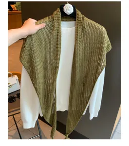 Solid color hollow knit wool triangular scarf, stylish spring summer women fashion casual shawl.