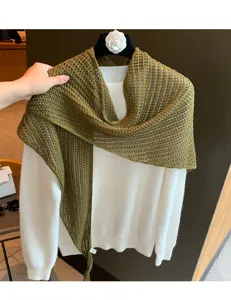 Solid color knitted triangular scarf, hollow-out wool shawl, elegant women's cape for daily commuting.
