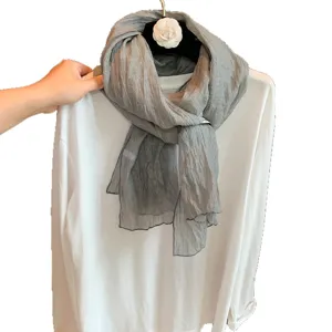 Grauer Tencel-Leinen Knitter-Schal für Damen, Leichter Atmungsaktiver Damenschal für Frühling