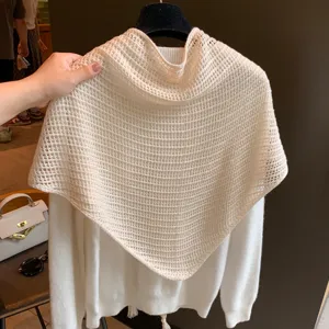 Solid color knitted wool triangular scarf stylish hollow out decorative shawl for women.