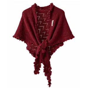 Chal triangular de punto rojo con borde de volantes, elegante bufanda de mezcla de lana.