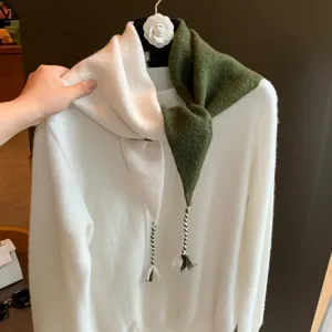 Damen Koreanischer Stil Strick Patchwork Dreieckstuch Wollmischung Warm Winter Schal Mit Quasten Geometrisches Muster Casual Wrap