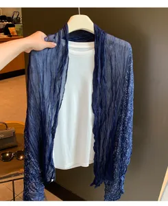 Langer geknitterter Schal Damen leichter dunkelblauer Umhang elegante Herbst Mode