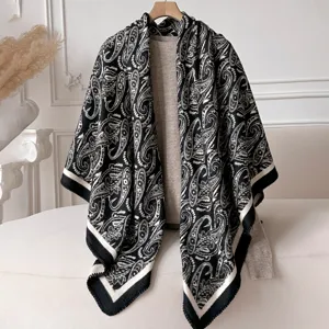 Classic black and white paisley large shawl, elegant vintage blanket for home and travel.