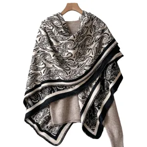 Vintage black white paisley knitted shawl women elegant winter warm wrap blanket scarf