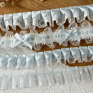 Cinta de Volantes con Borde de Encaje Plisado con Lunares Azules para Manualidades DIY Decoración de Dobladillo de Ropa Estilo Lolita