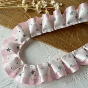 Pink pleated ruffle ribbon trim with grey stars dots for sewing DIY crafts garment decoration.