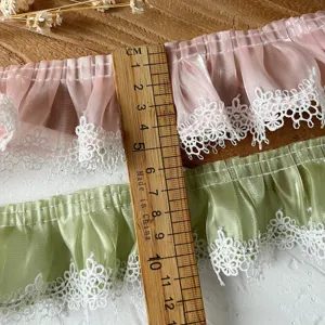 Vue de detail de ruban de dentelle plisse rose et vert avec broderie blanche pour poupee.