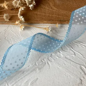 Sheer light blue polka dot ribbon lace trim diy craft bow decorative material close up