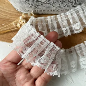 White pleated lace trim for DIY Lolita clothing sewing craft decorative ruffle material.
