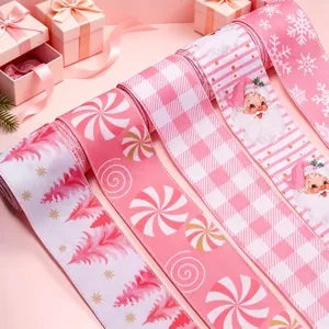 Nastro in Poliestere con Bordo Animato per Natale Rosa per Confezioni Regalo Fai da Te Fiocchi per Capelli Decorazione Festiva Festa Motivo Albero di Natale Renna