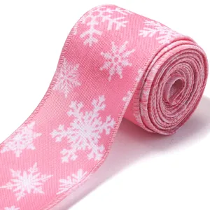 Nastro natalizio rosa con fiocchi di neve bianchi per confezioni regalo e fai da te.