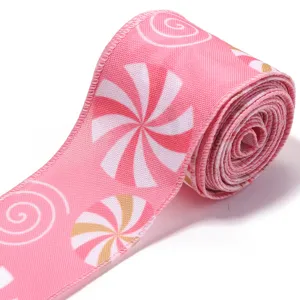 Nastro cablato natalizio rosa nastro in poliestere a spirale di caramelle per confezioni regalo