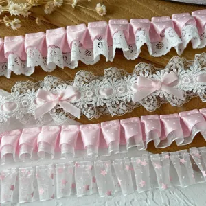 Pink Polka Dot Heart Lace Ribbon Trim DIY Decorative Pleated Ruffled Edge For Lolita Dress Garment Accessories Handcraft Sewing Supplies