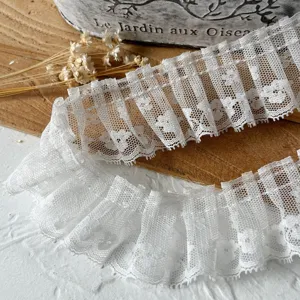 High-grade white lace trim ruffle fabric for DIY Lolita clothing and garment decoration.