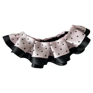 Pink polka dot ruffled ribbon trim, black edge pleated fabric lace for DIY sewing and clothing decor.