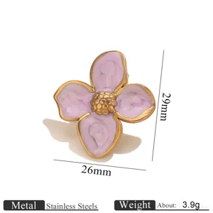 Stainless steel four-petal flower detail view, showing gold edge and purple drip oil finish.
