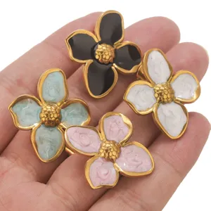 Stainless steel drip oil four-petal flower earrings retro gold edge DIY jewelry accessories set