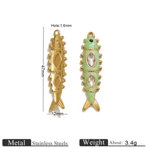 Stainless steel gold enamel fish charm detail showing size and dimensions for DIY jewelry use.