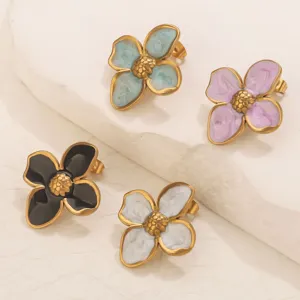 Vintage Stainless Steel Oil Dripping Four Petal Flower Stud Earrings Gold Plated Floral Niche Luxury Jewelry Accessories For Women