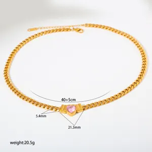Edelstahl Goldfarbene Kette Halskette mit rosa Herz Anhänger, Modeschmuck 40+5cm.