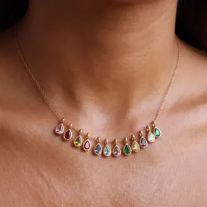 Damen Gold Kette mehrfarbig Zirkonia Tropfen Anhänger Halskette elegante Mode Schmuck