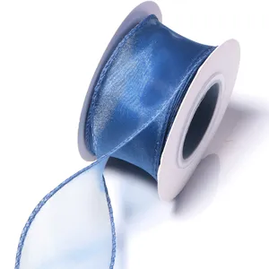 Blue sheer organza ribbon for gift wrapping, floral packaging, and DIY crafts.