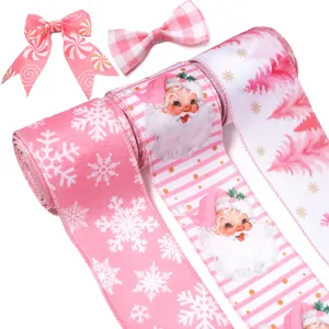 Nastro natalizio rosa con Babbo Natale e fiocchi di neve per confezioni regalo.
