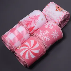 Nastro natalizio rosa con bordo in filo di ferro per confezioni regalo, fiocchi e decorazioni fai da te.