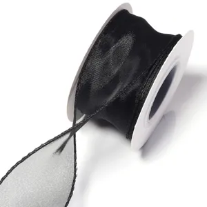 Black sheer organza ribbon spool for gift wrapping, DIY bows, hair clips and floral packaging.