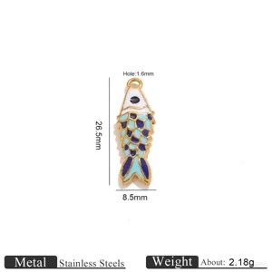 Close-up detail of a colorful enamel koi fish pendant, showing size and material specs.