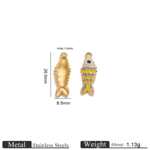 Stainless steel gold enamel koi fish pendant detail view showing precise dimensions and hole size.