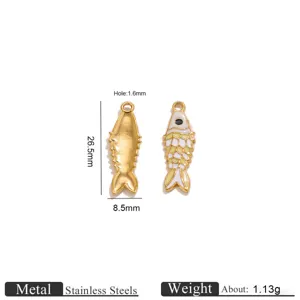 Stainless steel gold enamel koi fish charm detail, showing hole size 1.6mm and dimensions 26.5x8.5mm.