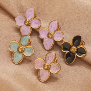 Stainless steel oil-drop four-petal flower stud earrings retro gold-edge chic jewelry accessories