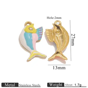 Gold stainless steel enamel fish pendant with rhinestones, 27x13mm size for DIY jewelry making.
