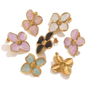 Stainless steel enamel four-petal flower stud earrings retro gold edge DIY jewelry details.