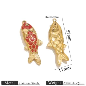 Stainless steel gold-plated koi fish pendant with red enamel, 57x11mm DIY jewelry charm.