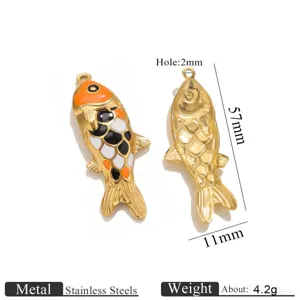 Stainless steel gold enameled koi fish pendant DIY jewelry accessory, length 57mm, hole 2mm.