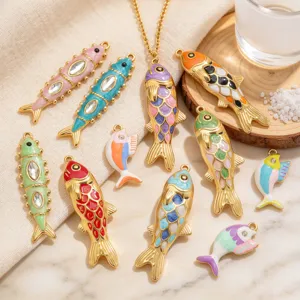 Stainless steel gold-plated colorful enamel fish charms pendants for DIY necklace jewelry supplies