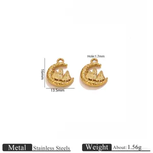 Detailed view of gold stainless steel crescent moon mountain relief pendant with 1.6cm size.