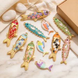 Stainless steel gold enamel fish pendants with rhinestones, colorful koi charms for DIY jewelry making.
