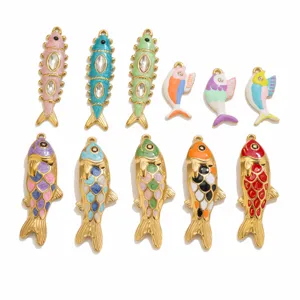 Stainless steel gold enamel fish charms rhinestone koi pendants for DIY bracelet necklace making