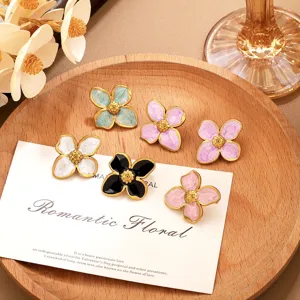 Stainless steel enamel four petal flower stud earrings with vintage gold edge chic floral jewelry.
