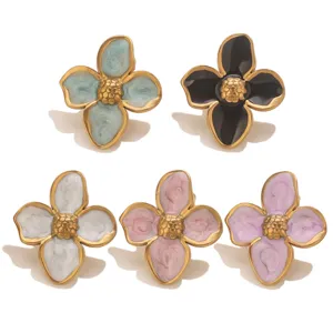 Stainless steel oil drop four petal flower stud earrings retro gold edge floral jewelry