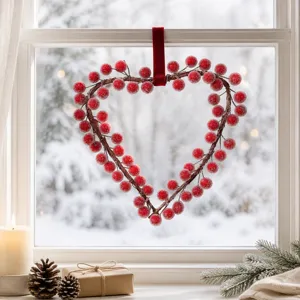Corona de Bayas Rojas en Forma de Corazón de Navidad Adorno Colgante Decoración